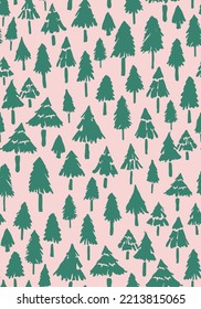 Green and pink christmas tree seamless repeat pattern. Vector, hand drawn fir forest all over suface print background.