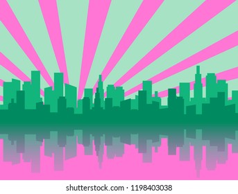 Green and pink city skyline silhouette