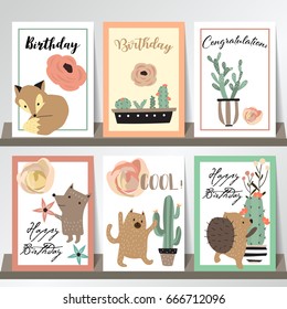 Green pink collection for banners,Placards with rose,fox,bear,cactus and porcupine