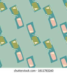 Green and pink colored 3D glasses seamless doodle pattern. Light blue background. Cinema style backdrop. Great for wallpaper, textile, wrapping paper, fabric print. Vector illustration.