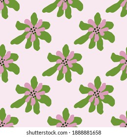 Green and pink colored abstract daisy flower seamless nature pattern. Light background. Flat vector print for textile, fabric, giftwrap, wallpapers. Endless illustration.