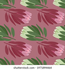 Green and pink colored protea doodle flowers seamless pattern. Pale purple background. Scrapbook print. Perfect for fabric design, textile print, wrapping, cover. Vector illustration.