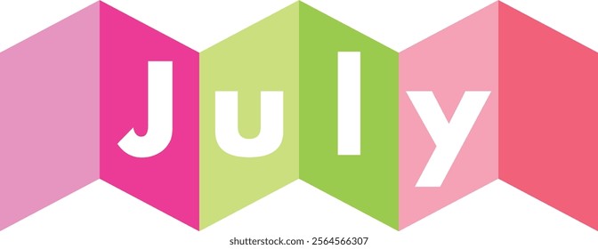 green and pink colors square shape with word july white color, isolated on white background.