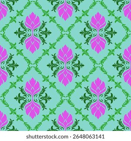 Green Pink Damask Seamless Pattern Vector - Vibrant Floral Ornamental Design with Diamond Lattice Motifs for Spring Wallpaper, Decorative Textile Print, Modern Interior Background