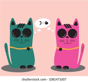 Green and pink doodle cat wear sun glasses, on pink background, idea for Card, printing work