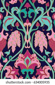 Green and pink floral pattern. Seamless filigree ornament. Stylized template for wallpaper, textile, shawl, carpet and any surface. Pattern with flowers.