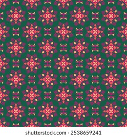 A green and pink floral patterned fabric with a diamond shape design. The pattern is very intricate and colorful for background, fabric, textile, fashion, wallpaper, wedding, banner, decoration etc.