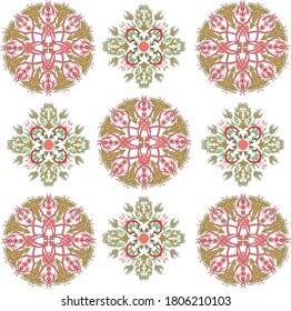 Green and pink floral patterns on the white background 