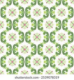 Green and Pink Floral Tile Pattern with Ornamental Swirls