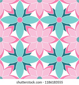 Green and pink flower pattern on white background.