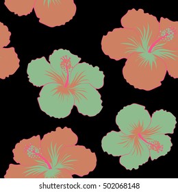 Green and pink flowers on black background.