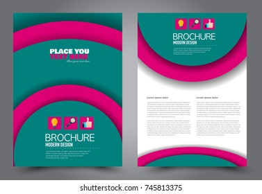 Green and pink flyer template design. Brochure abstract background for business, education, presentation, advertisement. Corporate identity style concept. Editable vector illustration.