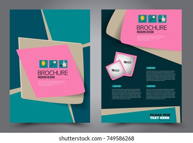 Green and pink flyer template design. Brochure abstract background for business, education, presentation, advertisement. Corporate identity style concept. Editable vector illustration.