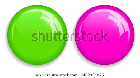 Green and pink fridge magnet vector buttons set isolated on white background. Pushbutton web design for office white board, crystal glittering paper holders