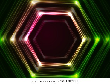 Grün rosa leuchtendes Neon-Tech-Hexagons abstrakter Hintergrund. Vektordesign
