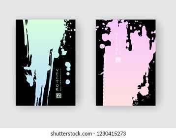 Green Pink gradient ink brush stroke poster on black background. Japanese style. Vector illustration of grunge stains