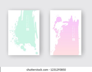 Green Pink gradient ink brush stroke poster on white background. Japanese style. Vector illustration of grunge stains