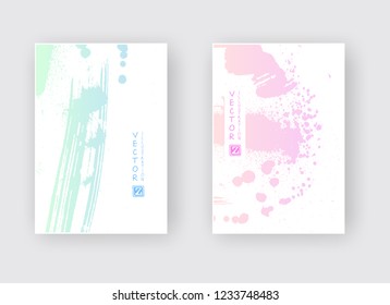 Green Pink gradient ink brush stroke poster on white background. Japanese style. Vector illustration of grunge stains