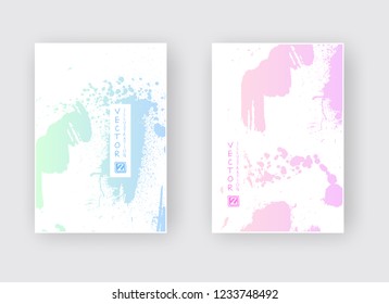 Green Pink gradient ink brush stroke poster on white background. Japanese style. Vector illustration of grunge stains