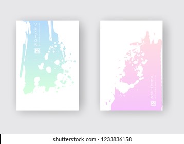 Green Pink gradient ink brush stroke poster on white background. Japanese style. Vector illustration of grunge stains