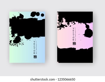 Green Pink gradient ink brush stroke poster on black background. Japanese style. Vector illustration of grunge stains