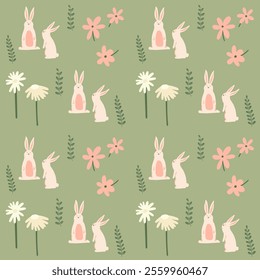 Green Pink hand drawn rabbit animals and floral and leaf seamless pattern vector