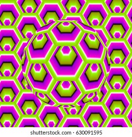 Green and pink hexagons with moving sphere. Motion illusion.