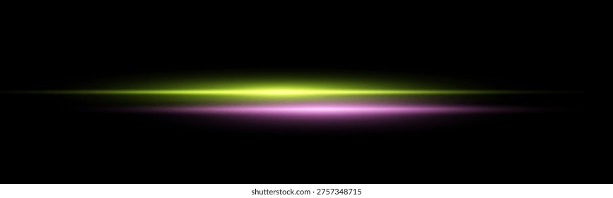 Green and pink horizontal laser beam, light reflections, lensflare, glow flare light effect. Isolated on black background.