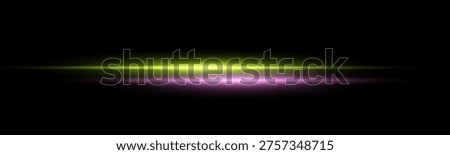 Green and pink horizontal laser beam, light reflections, lensflare, glow flare light effect. Isolated on black background.