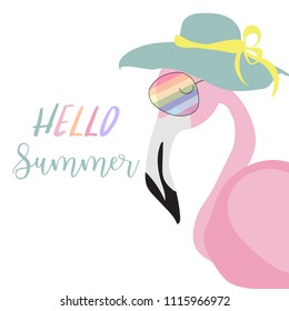 Green pink invitation card with flamingo and hat in summer