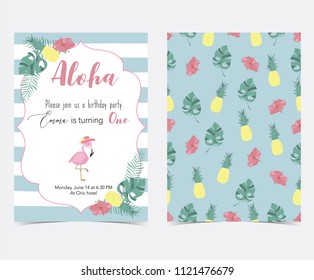 Green pink invitation card with palm, pineapple,hibiscus,flamingo,banana leaf and flower in summer