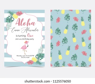 Green pink invitation card with palm, pineapple,hibiscus,flamingo,banana leaf and flower in summer