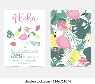 Green pink invitation card with palm, pineapple,hibiscus,flamingo,banana leaf and flower in summer