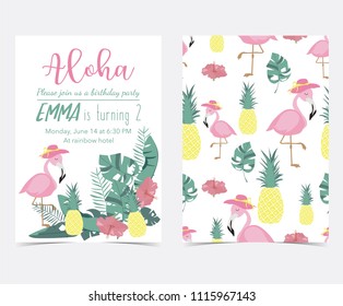 Green pink invitation card with plam, pineapple,hibiscus,flamingo,banana leaf and flower in summer