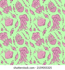 Green and pink jellyfish chaotic seamless pattern. Ocean zen tangle endless texture for textile, notebook cover, fashion. Zenart sea nettle random repeat surface design.Stylized sea blubber background