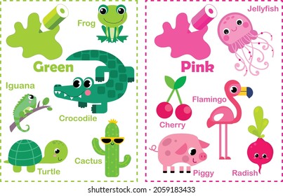 Green. Pink. Learn the color. Education set. Illustration of primary colors. Vector illustration
