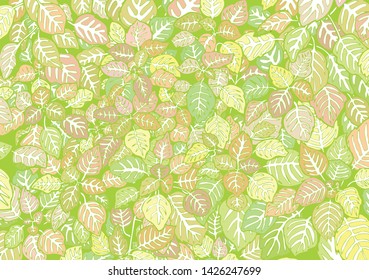 Green, pink leaves, natural background. Perfect for designing various postcard, labels, advertising banners with unique style. 