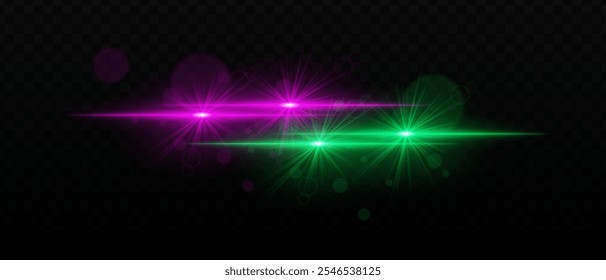 Green and pink light beams with radiant star-like glare and soft bokeh effects. Bright points of light and glow on a dark background, creating a layered lighting effect