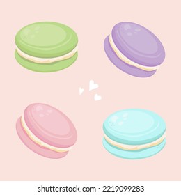 Green and pink macaroons. Romantic cookie postcard. French sweet macaron. Almond candy dessert poster. Bakery valentine biscuits. Pastel confectionery snack. Strawberry and mint macaroons.