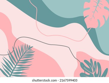 green pink pastel color background. with abstract elements and creative tropical plants, modern trendy, social media templates