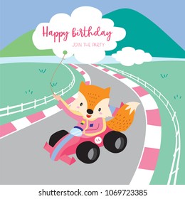 Green pink pastel greeting card with fox drives racing card on the road,grass,cloud and mountain 