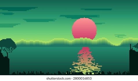 Green and pink pixel art sunset, sun reflection on water, hill silhouette, trees.