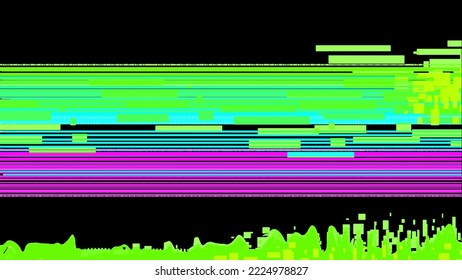 Green and pink pixels on a black background. Linear Glitch Effect. Vector abstraction with damage on the screen of the device. Concept of destruction, cyberpunk, future, sci-fi.