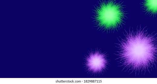 Green and pink pompons on a blue background. Fluffy pompons banner. 3D vector illustration.