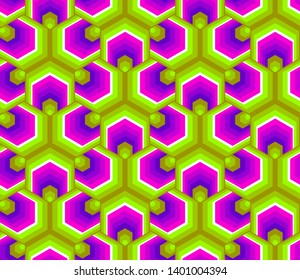 Green, pink and purple background with hexagons. Motion illusion. Seamless pattern.