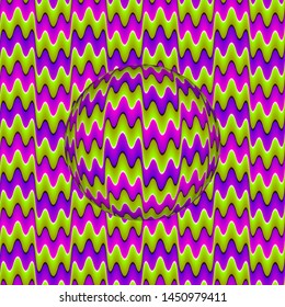 Green, pink and purple background with moving sphere. Motion illusion.