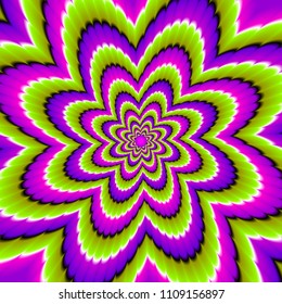 Green, pink and purple flower blossom. Motion illusion.