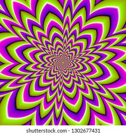 Green, pink and purple flower blossom. Optical expansion illusion.