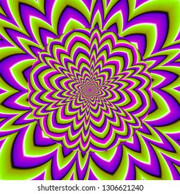 Green pink and purple  growing sphere. Optical expansion illusion.