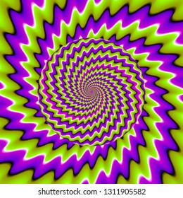 Green pink and purple  growing sphere. Optical expansion illusion.